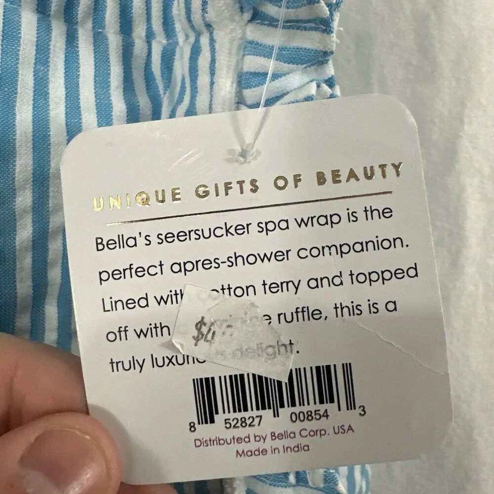 Bella 100% Cotton Blue White Striped Seersucker Spa Wrap Bath Womens O/S Towel